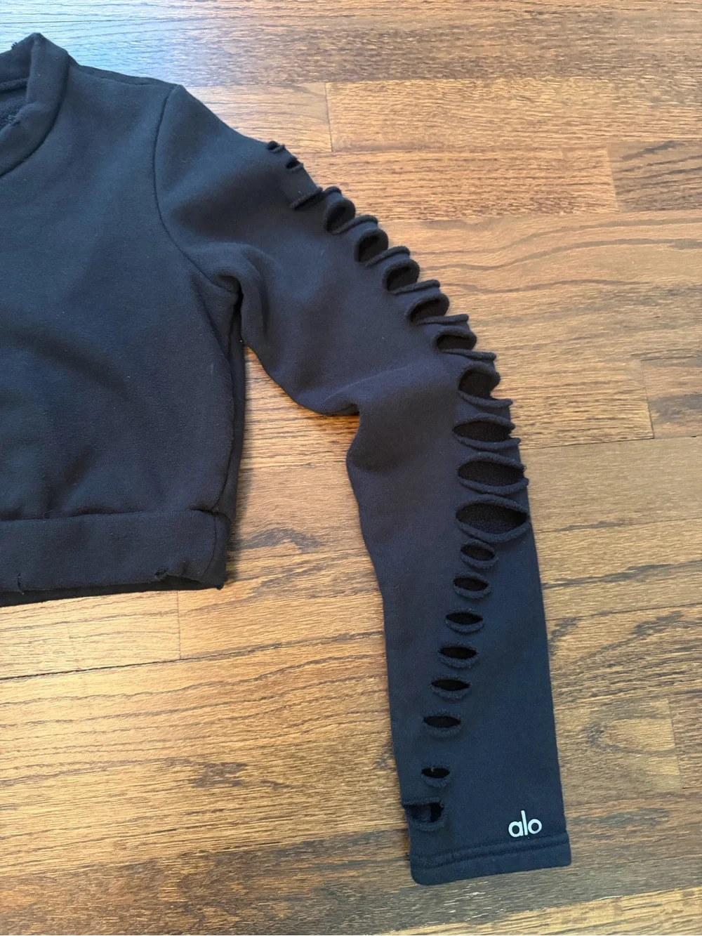 Alo Black Ripped Cropped Sweatshirt, Size XS/S